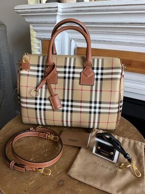 Burberry Medium Check Bowling Bag handle and shoulder carry w/ free purse charm!